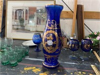 HUGE cobalt blue hand painted glass vase