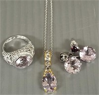 Sterling ring, necklace & earrings set with pink