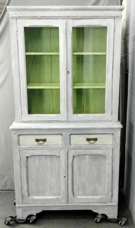 Vtg 2 Piece Painted Step Back Cupboard