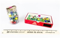 Box of Assorted Glass Marbles and Jar of Assorted