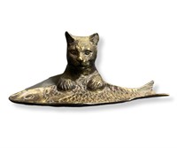 Bronze Metal Cat And Fish Catchall Tray