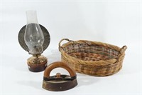 Homestead Tin & Glass Oil Lamp, Sad Iron & Basket