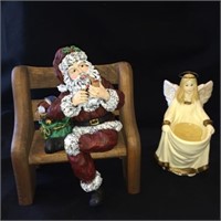Santa on a bench and angel tea light holder