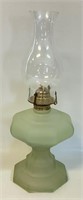 PRETTY GREEN FROSTED GLASS OIL LAMP W CHIMNEY