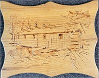 GOOD CARVED COVERED BRIDGE PLAQUE SIGNED T.A 92