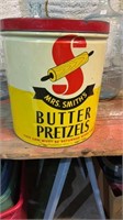 Mrs.Smiths Butter Pretzels tin container