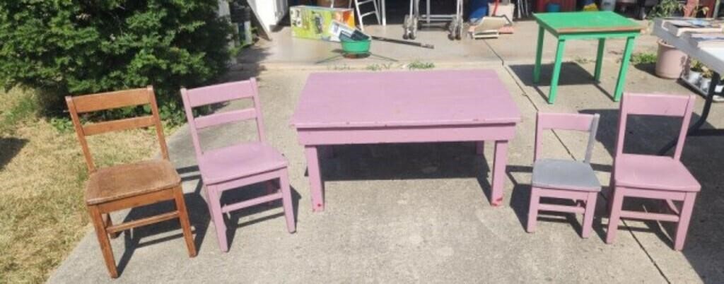 Oak school room table with childs chairs