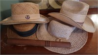 4 Straw Hats & Vintage Wooden Hitting Stick
