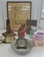 Box - vintage clocks, lamps, safety can, enamel