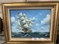 FRAMED PAINTING -- SHIP ON ROUGH SEAS -- SIGNED