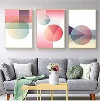 Pink Geometric Wall Art 16x24 3 Panels  Framed