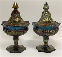 Pair Of Carnival Glass Grape Covered Compotes