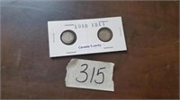 Canada Five Cent Coins 1910, 1911