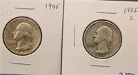 1935 S & 1945 WASHINGTON SILVER QUARTERS