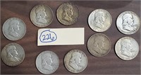 10 US Franklin silver half dollars 1950-1960