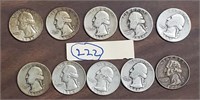 10 old silver Washington quarters 1936-1964