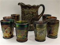 Northwood Carnival Glass Grape Pitcher & 8 Cups