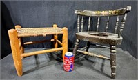 Antique Woven Stool & Children's Potty Chair-Lot