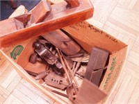 Box of vintage wood planes and more
