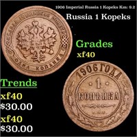 1906 Imperial Russia 1 Kopeks Km: 9.2 Grades xf