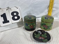 Cloisonne Enamel Floral Jars and Tray