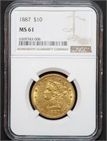 1887 $10 Liberty Gold Eagle NGC MS61 Better Date