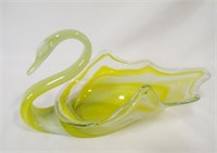 Hand Blown Green & Clear Swirl Glass Swan Bowl