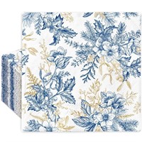 100Pcs Floral Paper Napkins Blue Gold Flower