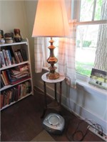 MARBLE TOP STAND, TABLE LAMP, RADIO