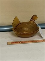 Vintage Amber Glass Hen on Nest