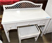 WHITE WICKER DRESSING TABLE & STOOL