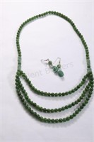 Jade Large Bead Triple Strand Necklace & Earrings