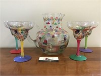 Hand Painted Glass Margarita Pitcher and Glasses