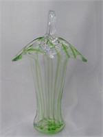Hand Blown Art Glass, Green Striped Basket 12"