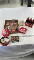 Coca Cola glass bottles, playing cards, dimmer