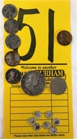 5 steel pennies--1 l944 penny; 7 miniature silver