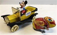 Old Tin Windup Bird & Mickey Mouse Car