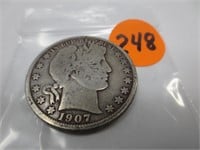 1907-D Barber silver half dollar, very good