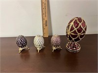 Four Enameled Decorated Trinket Box Eggs