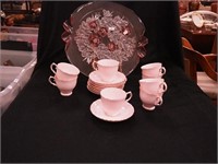 Set of eight pink china cups and saucers