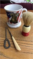 2 BUTTON HOOKS, SHAVING BRUSH, MUG