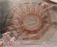 ETCHED PINK DEPRESSION GLASS HANDLED PLATE