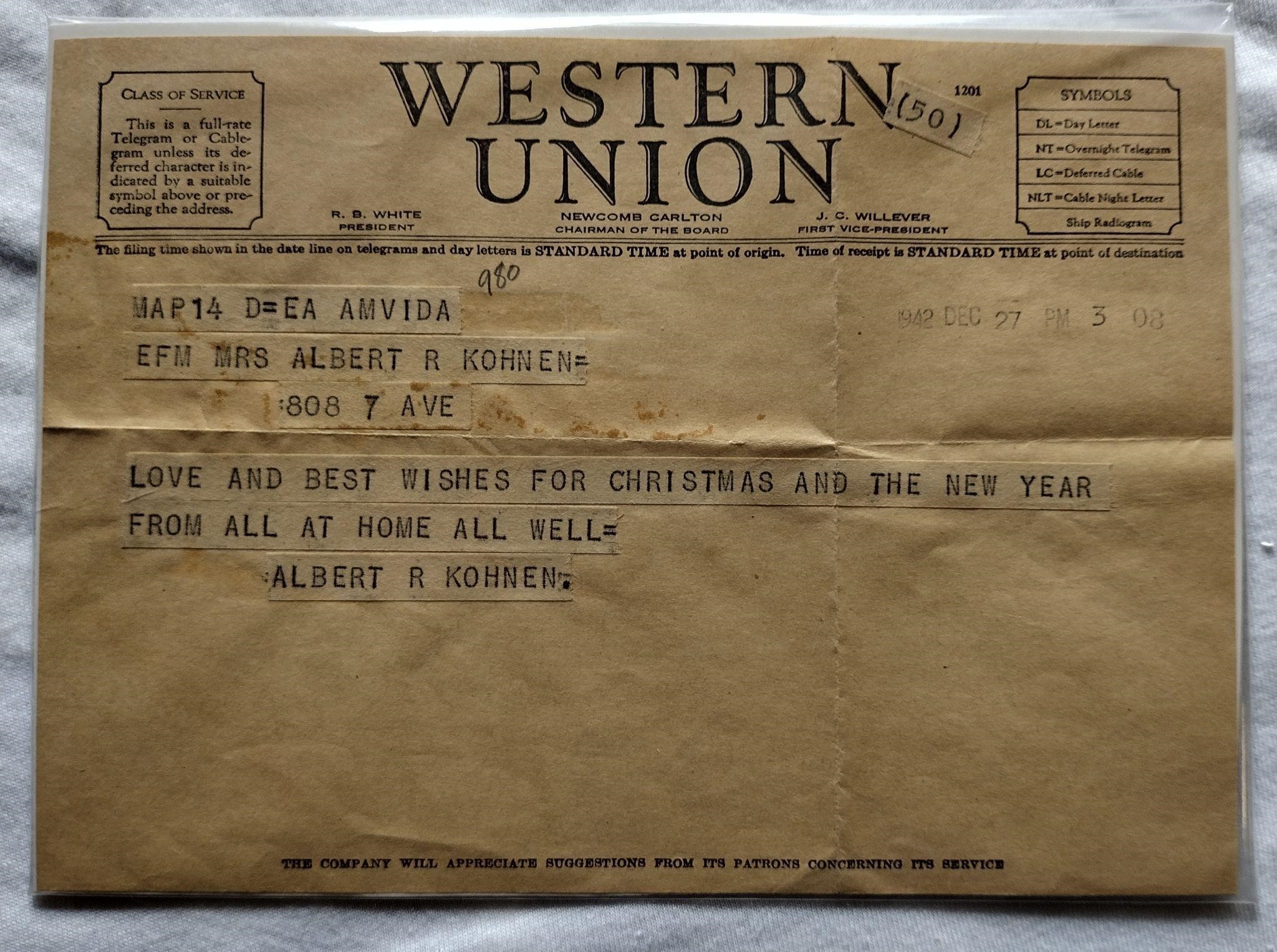 WWII Era 1942 Western Union Telegram Christmas!