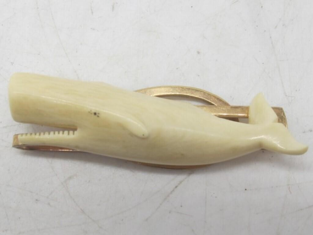 NICE EARLY CARVED WHALE BONE WHALE SHAPED TIE CLIP