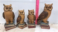 4 Wooden Owls on Books