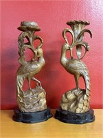 Pair Carved Asian Influence Peacocks