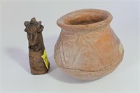 CARVED STONE FIGURINE AND DAMAGED OLLA