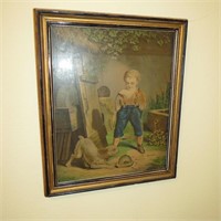 Vintage Framed Print Boy with Dog & Mouse