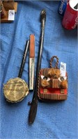 Vintage hand fan along with miscellaneous items