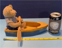 Teddy bear in 10in wood dory. Needs repair
